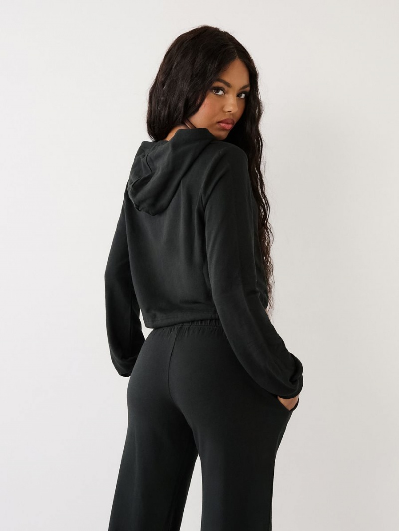 Black True Religion Logo Crop Hoodie | 1326-UNILZ