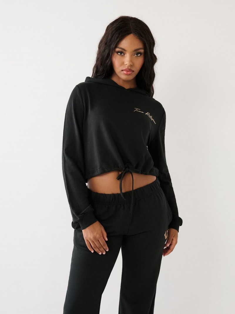 Black True Religion Logo Crop Hoodie | 1326-UNILZ