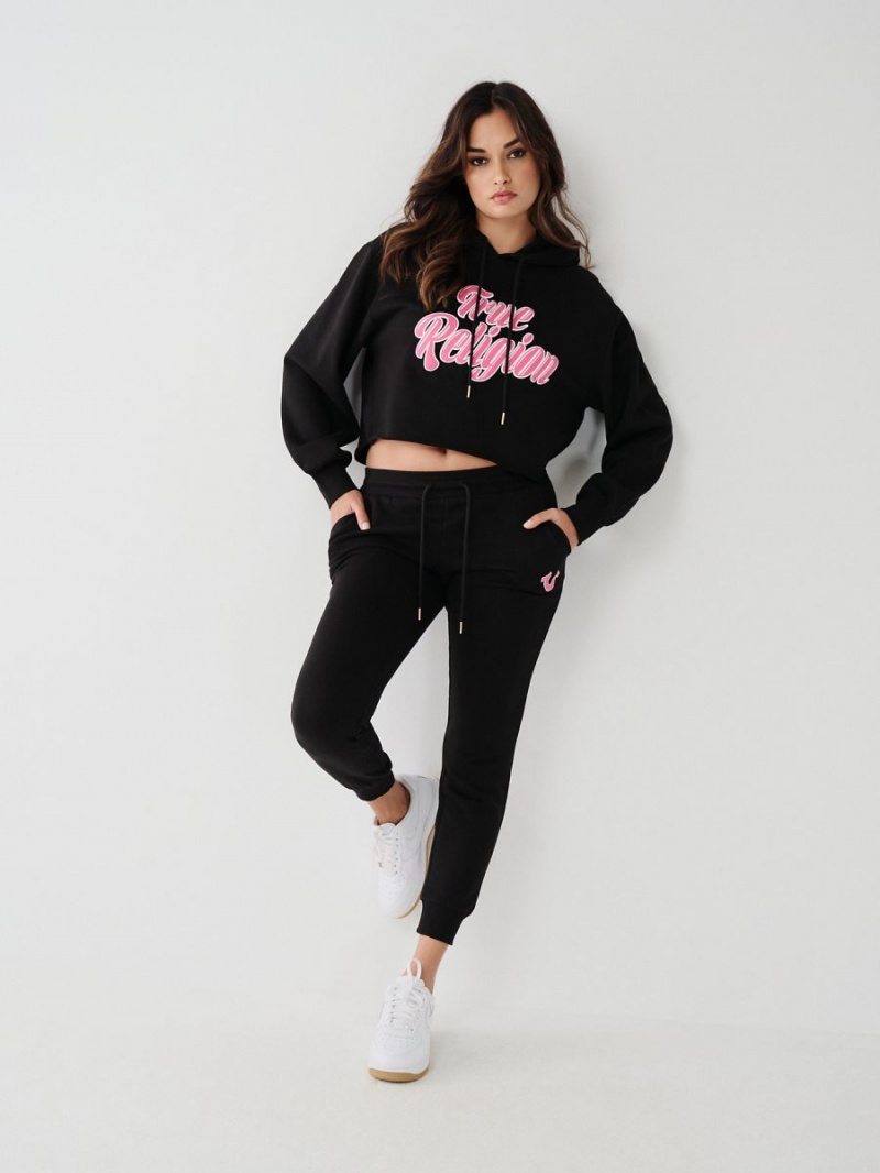 Black True Religion Logo Crop Hoodie | 1842-PYHCM