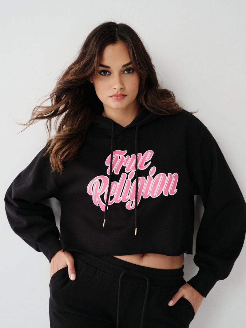 Black True Religion Logo Crop Hoodie | 1842-PYHCM