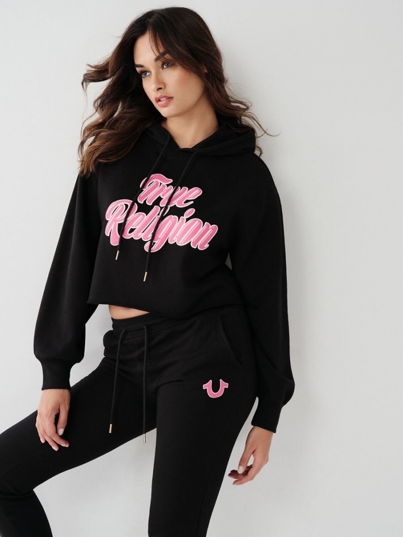 Black True Religion Logo Crop Hoodie | 1842-PYHCM