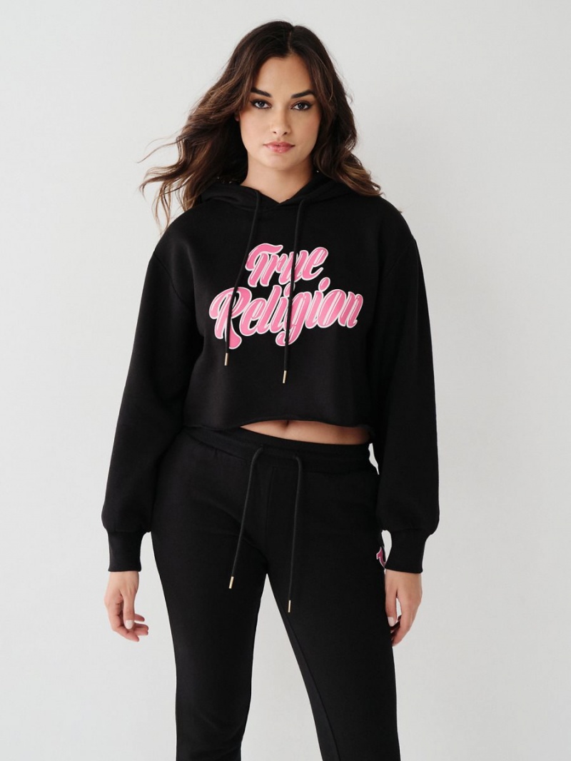 Black True Religion Logo Crop Hoodie | 1842-PYHCM