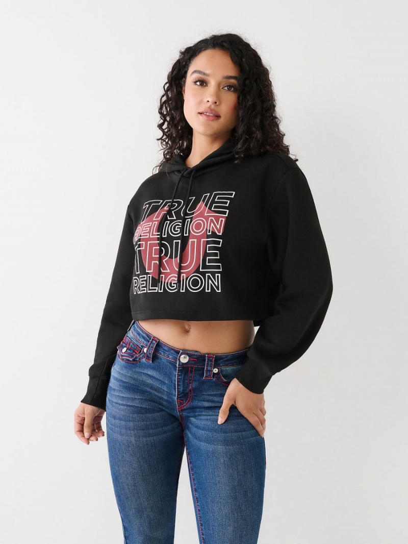 Black True Religion Logo Crop Hoodie | 4237-YOHPM