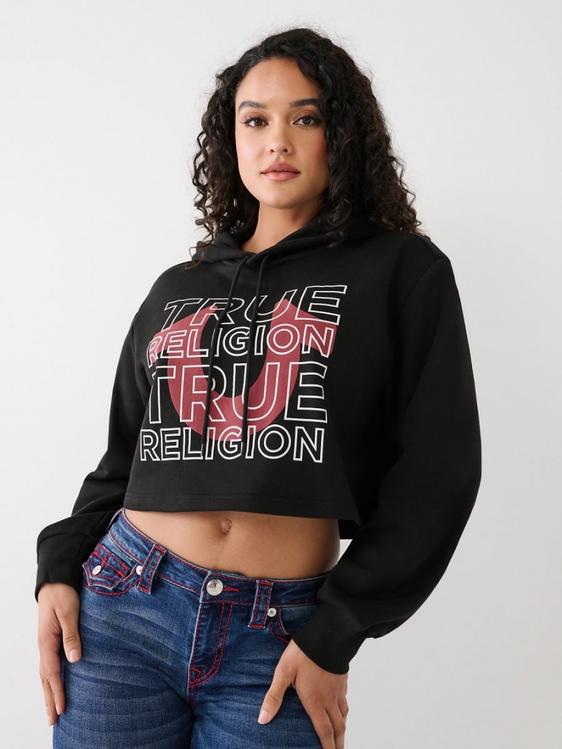 Black True Religion Logo Crop Hoodie | 4237-YOHPM