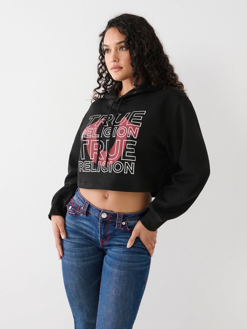 Black True Religion Logo Crop Hoodie | 4237-YOHPM