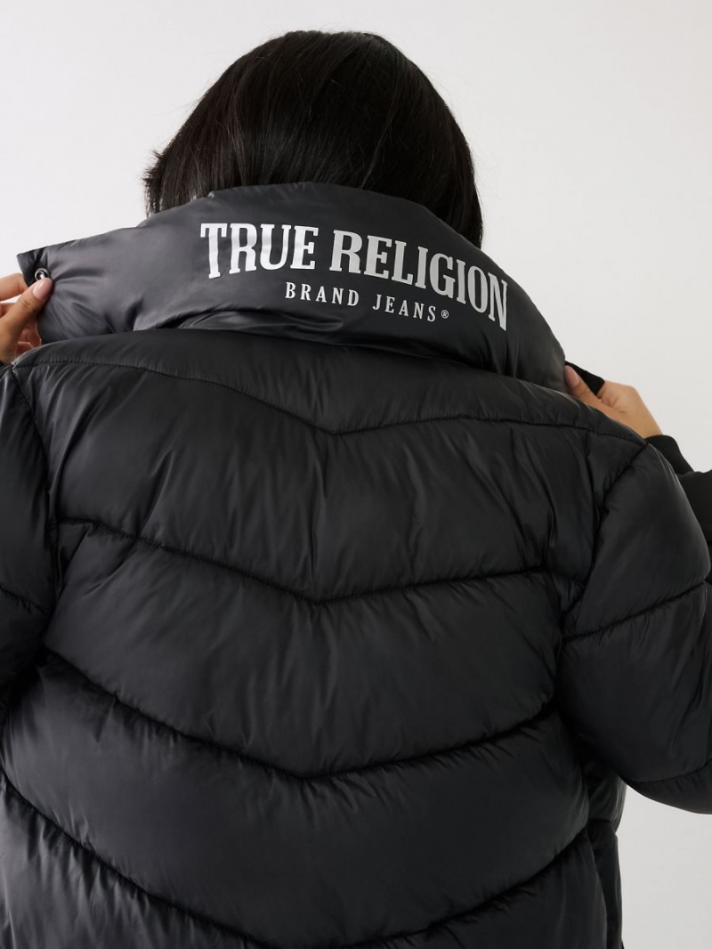 Black True Religion Logo Longline Puffer | 9327-RVXJY