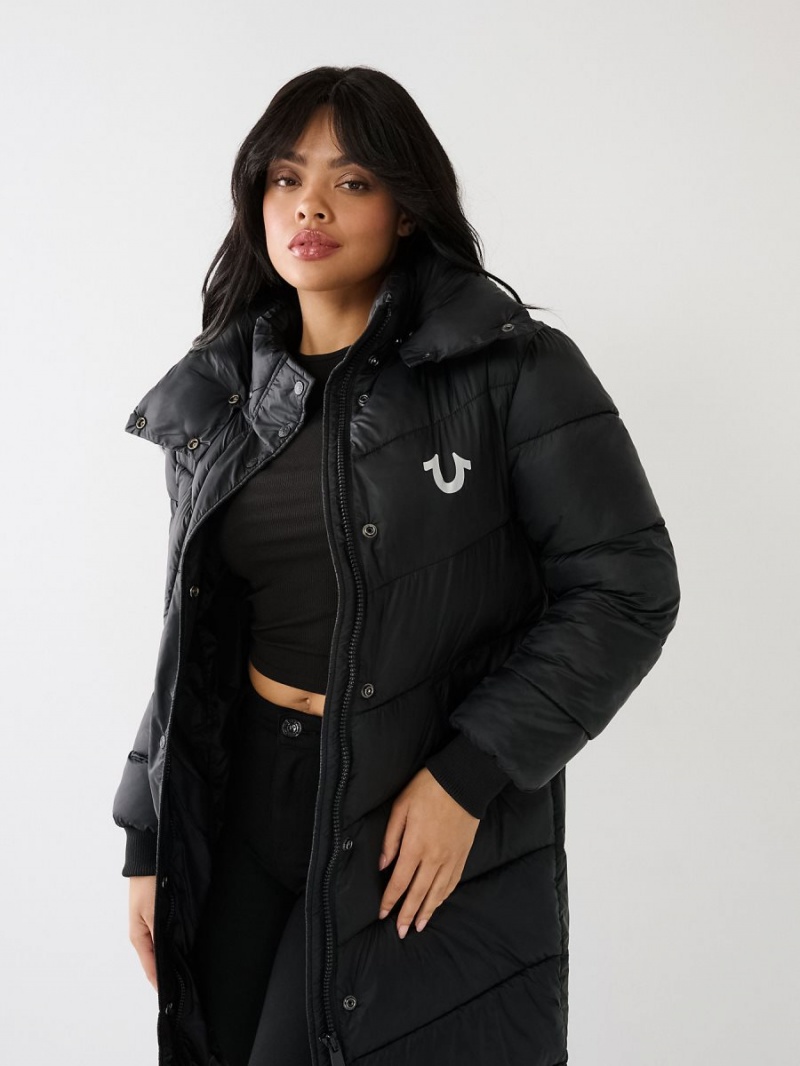 Black True Religion Logo Longline Puffer | 9327-RVXJY