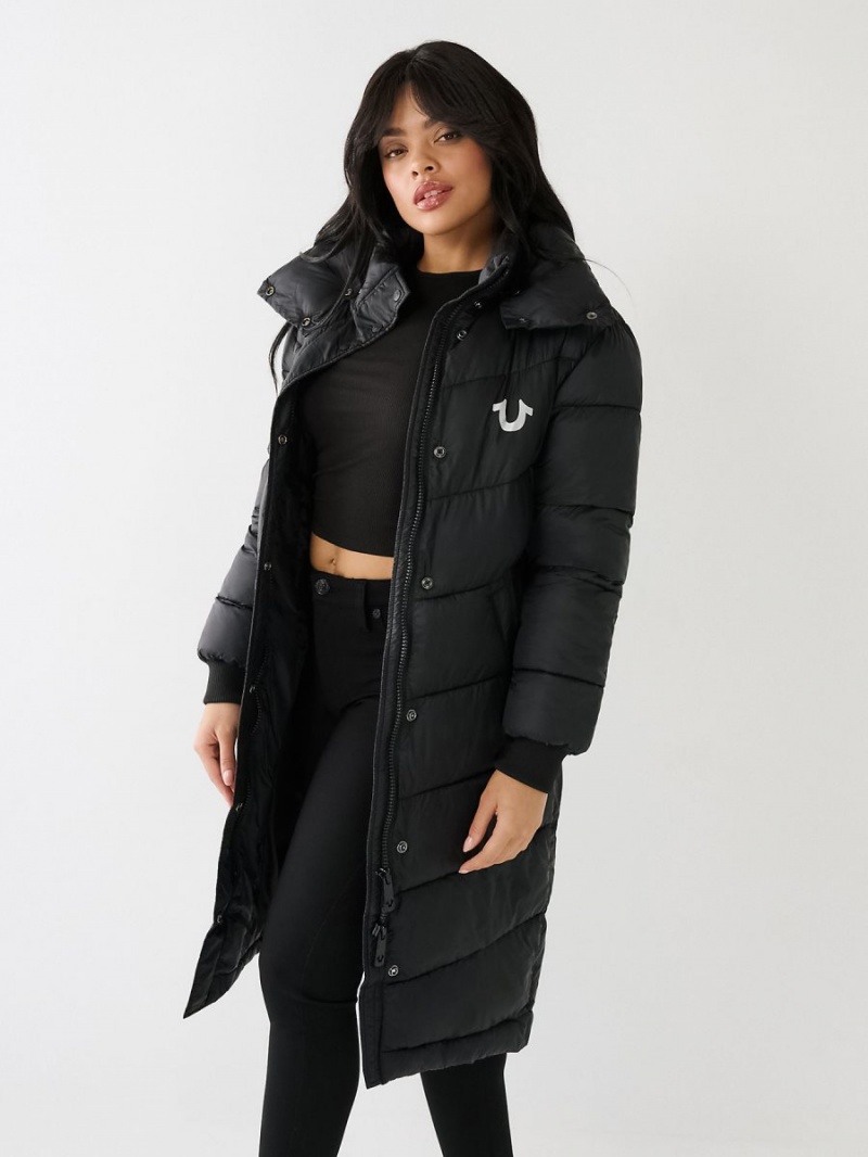 Black True Religion Logo Longline Puffer | 9327-RVXJY