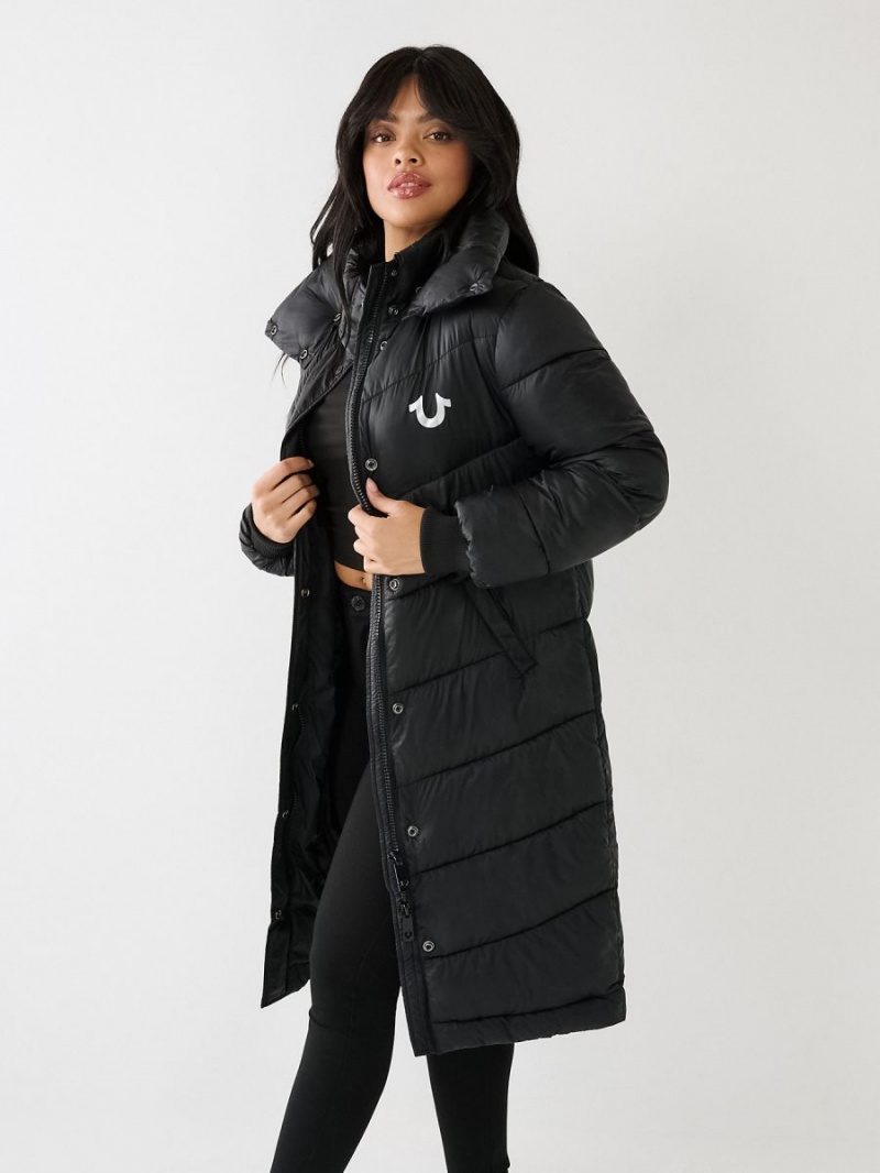 Black True Religion Logo Longline Puffer | 9327-RVXJY