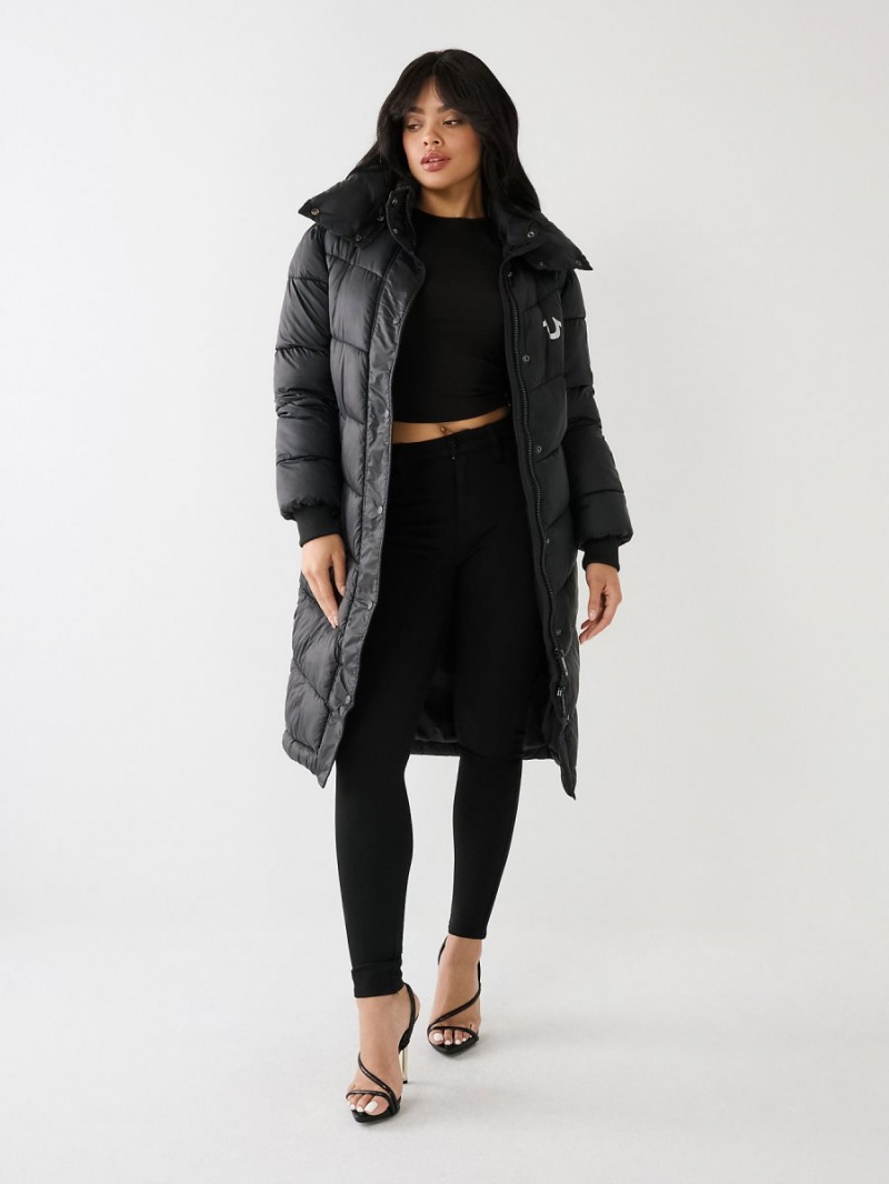 Black True Religion Logo Longline Puffer | 9327-RVXJY