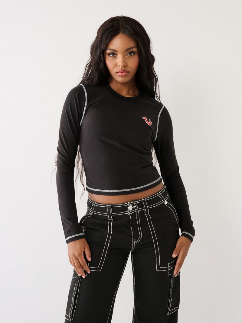 Black True Religion Long Sleeve Logo T Shirts | 8413-PIBZL