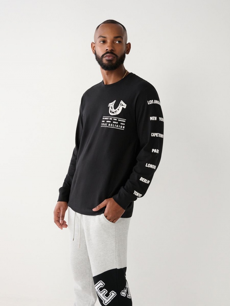 Black True Religion Long Sleeve Logo Tour T Shirts | 1607-IQUJX