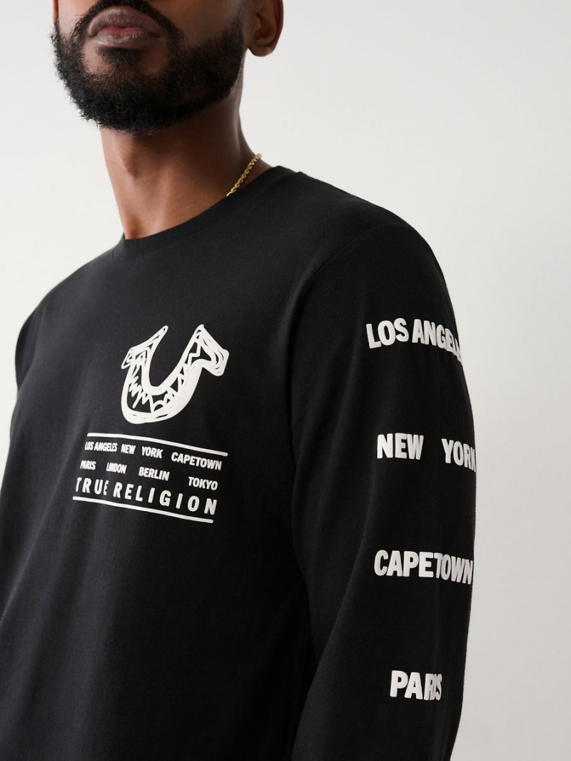 Black True Religion Long Sleeve Logo Tour T Shirts | 1607-IQUJX