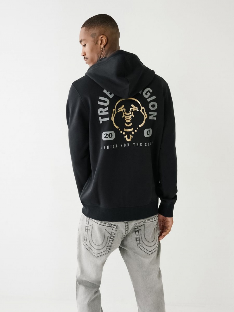 Black True Religion Metallic Buddha 2002 Logo Zip Hoodie | 1478-EOCJZ