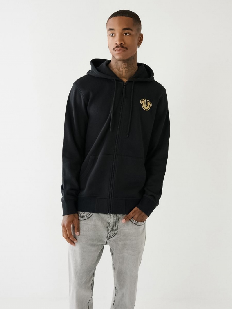 Black True Religion Metallic Buddha 2002 Logo Zip Hoodie | 1478-EOCJZ