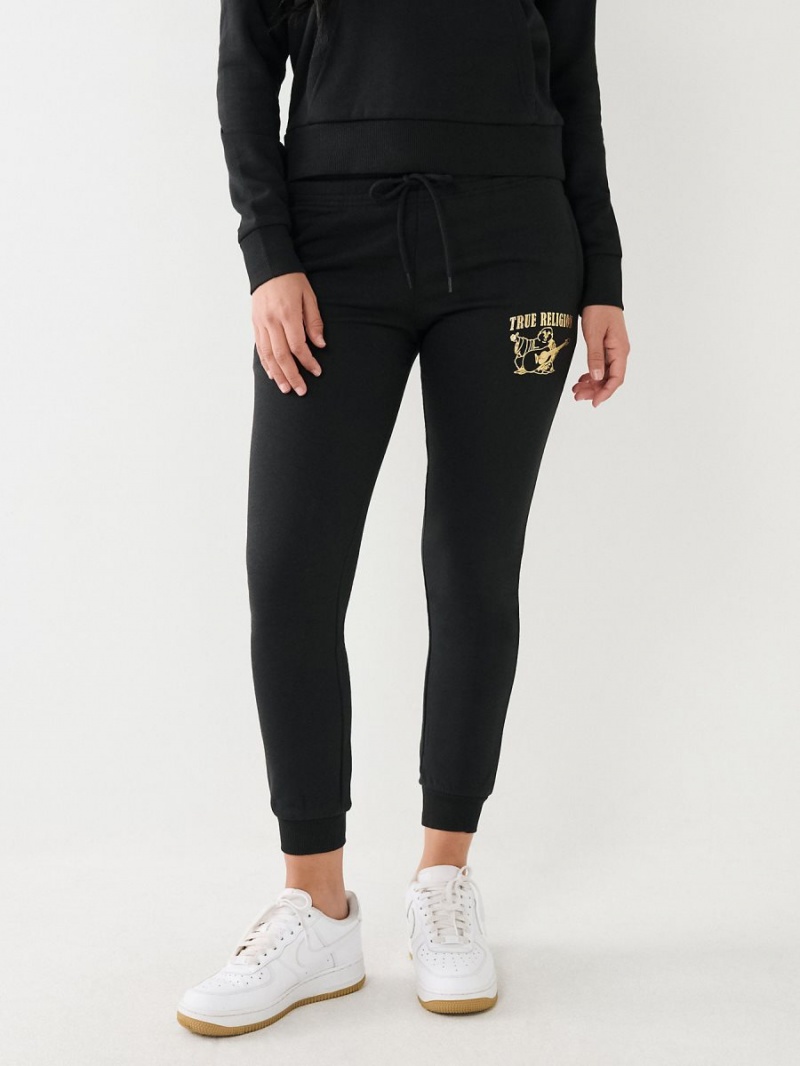 Black True Religion Metallic Buddha Logo Fleece Jogger | 3902-CNVQD