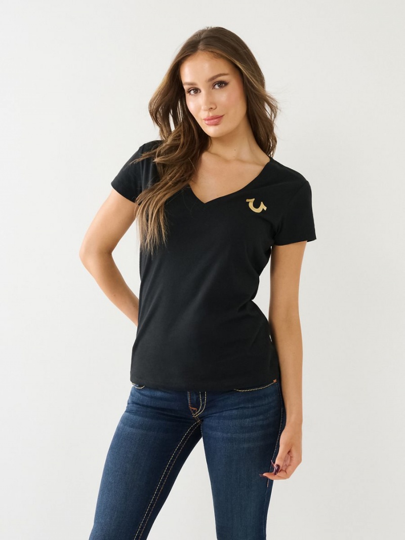 Black True Religion Metallic Buddha Logo V Neck T Shirts | 0862-TVDFB