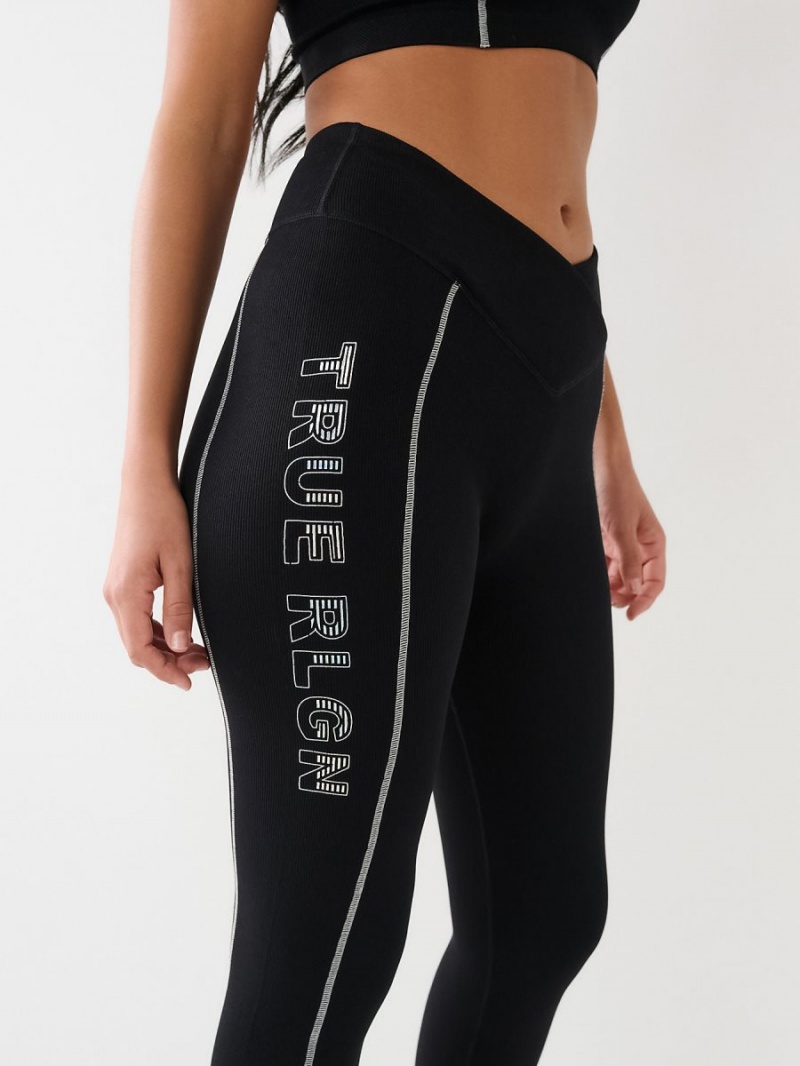 Black True Religion Metallic Logo Rib Leggings | 7609-CGTEX