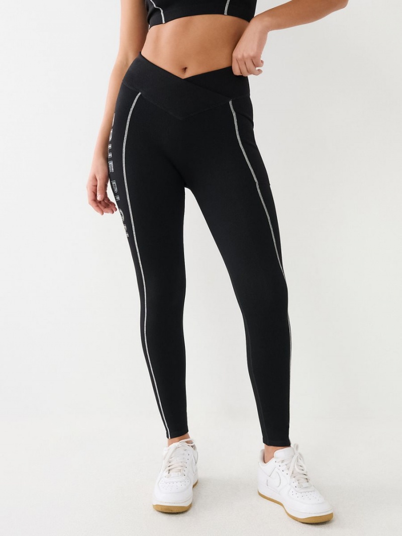 Black True Religion Metallic Logo Rib Leggings | 7609-CGTEX