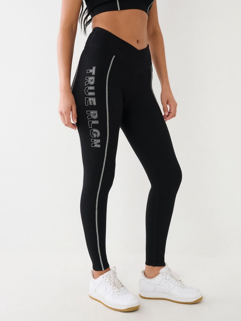 Black True Religion Metallic Logo Rib Leggings | 7609-CGTEX