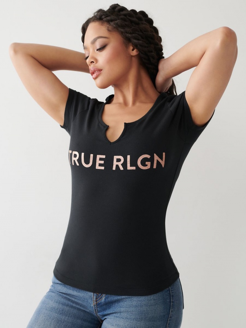 Black True Religion Notch Logo T Shirts | 2638-LPHSN