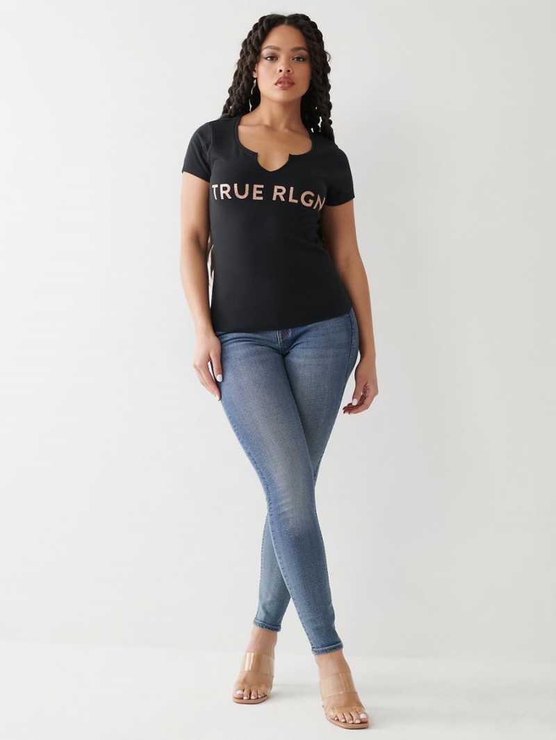 Black True Religion Notch Logo T Shirts | 2638-LPHSN