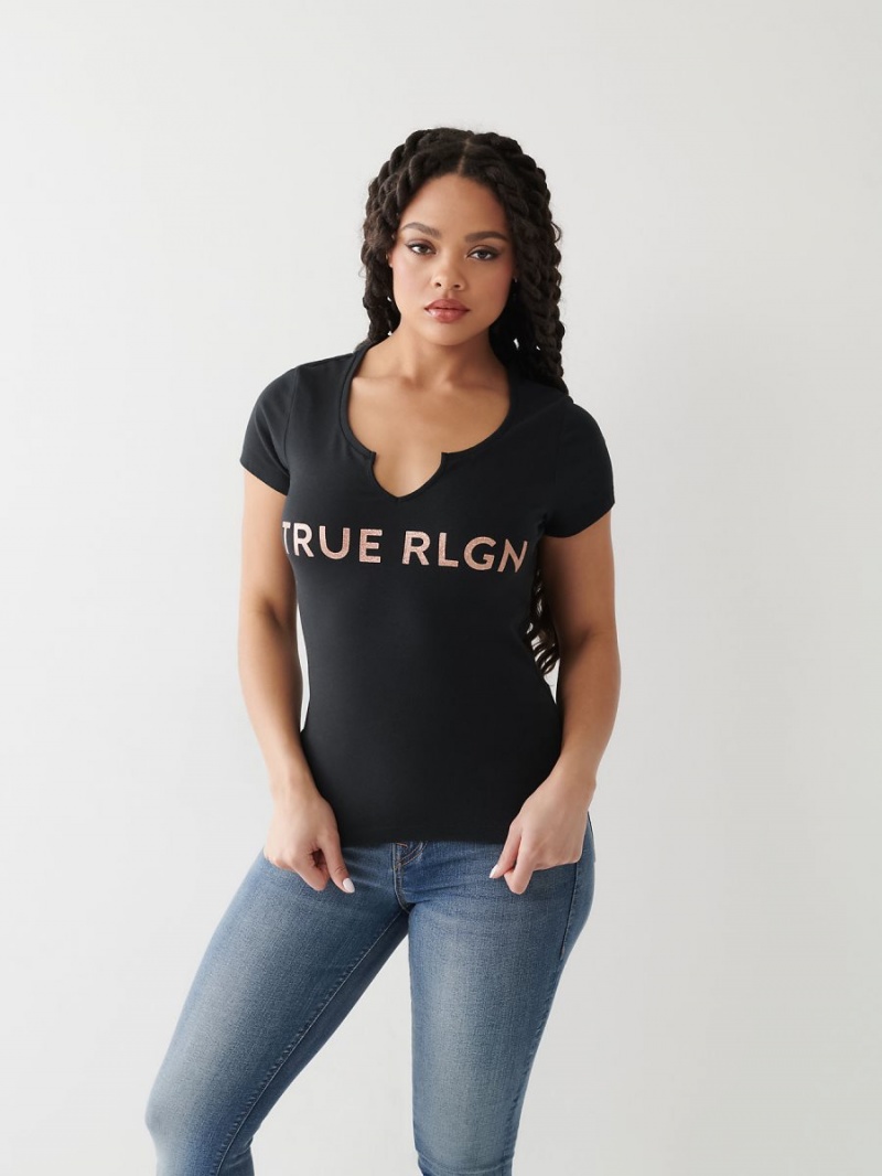 Black True Religion Notch Logo T Shirts | 2638-LPHSN