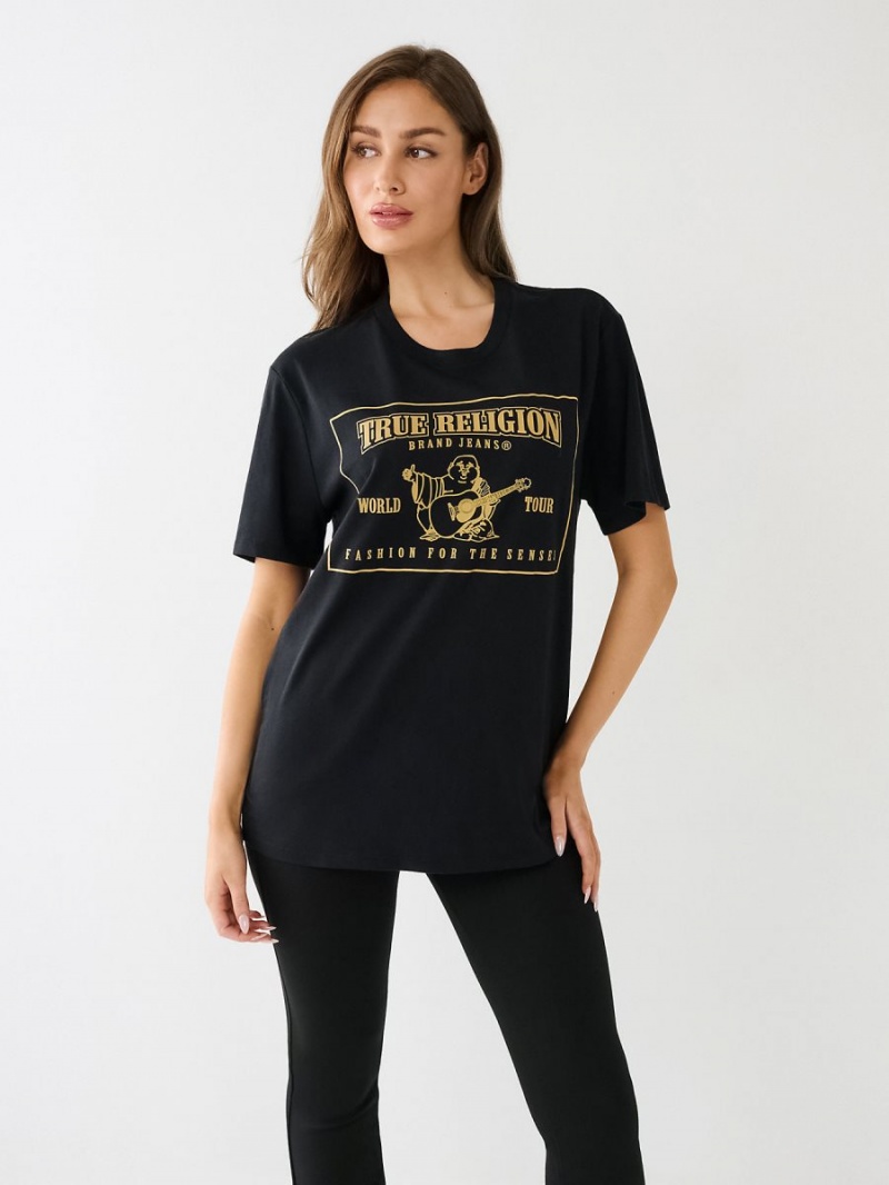 Black True Religion Reflective Buddha Logo Boyfriend T Shirts | 4103-KEZOQ