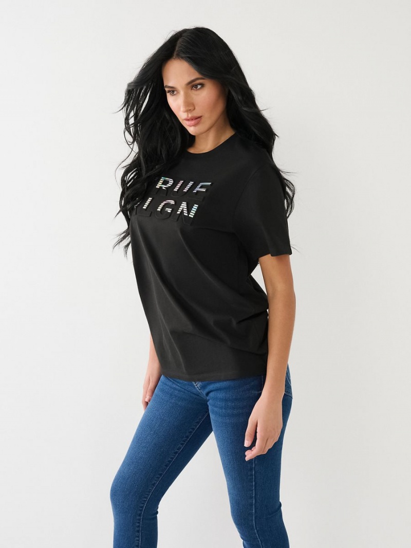 Black True Religion Rlgn Logo Boyfriend T Shirts | 9325-RTDPS