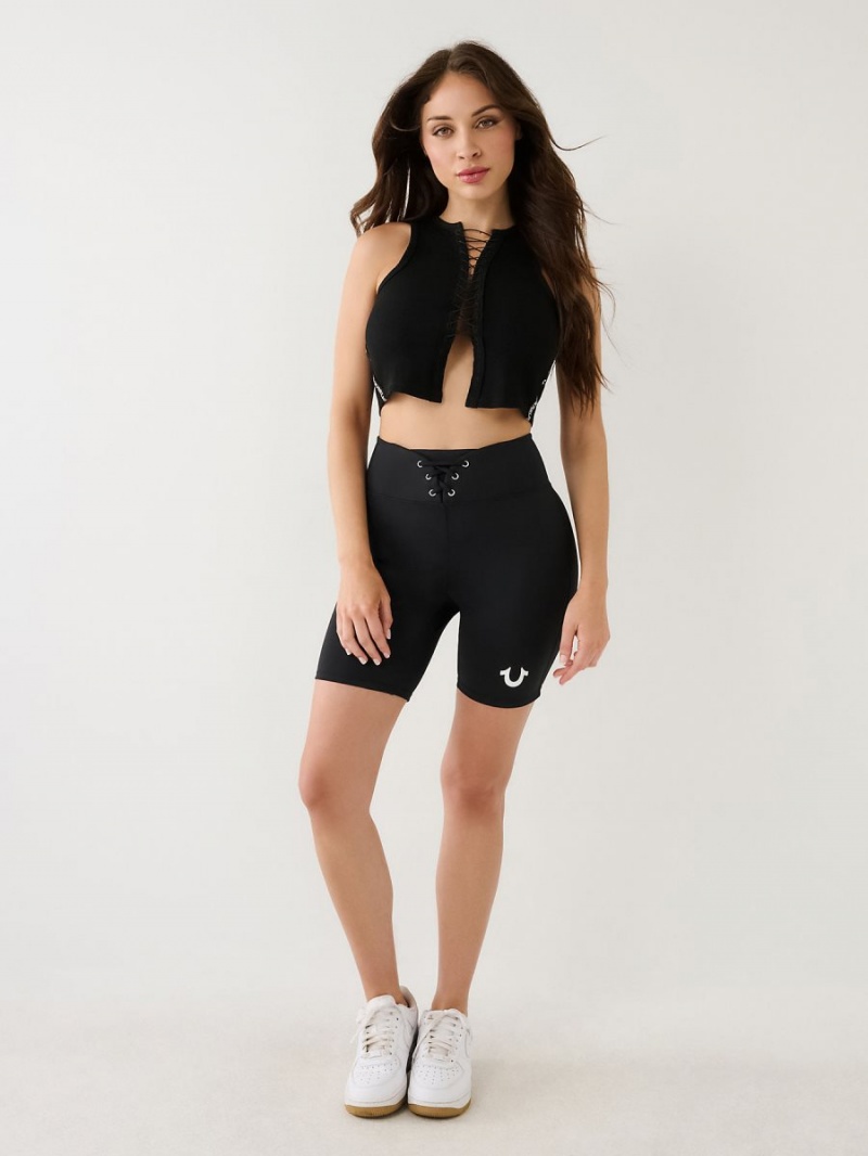 Black True Religion Ruched Lace Up Biker Shorts | 5129-NOFXA