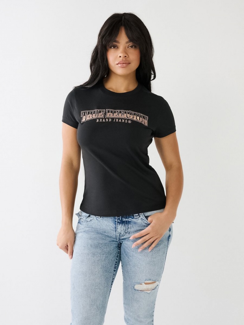 Black True Religion Sequin Arched Logo Slim T Shirts | 7561-SZAHG