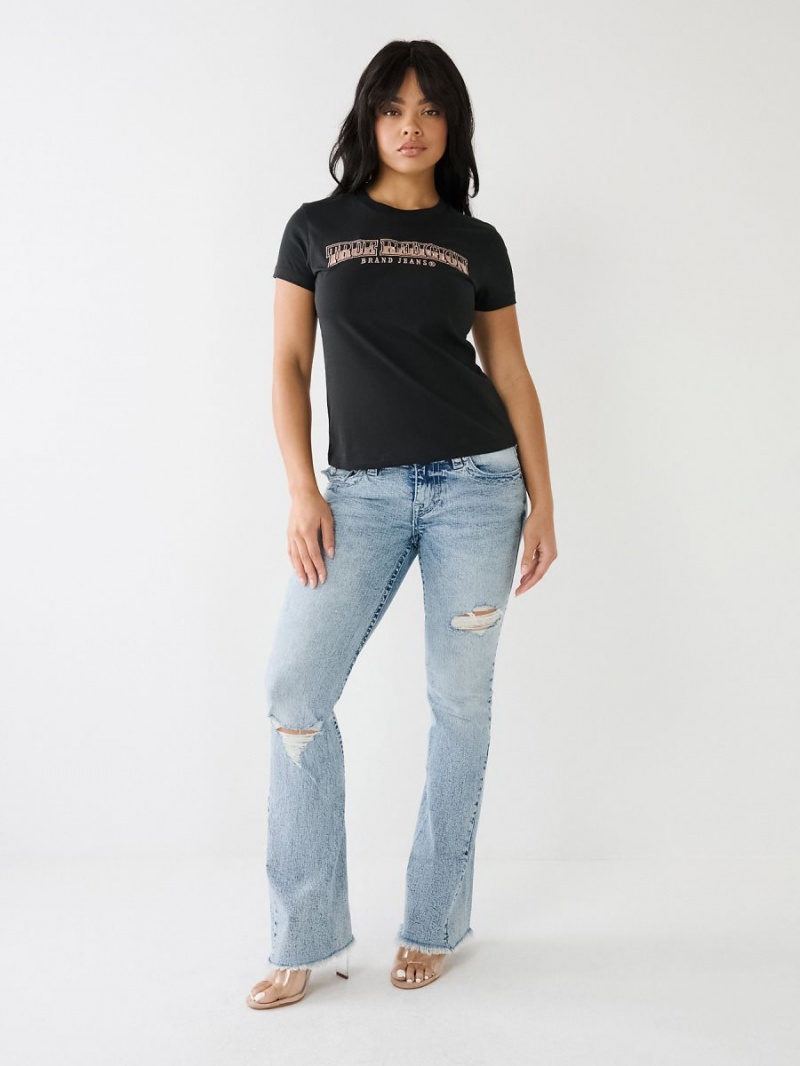 Black True Religion Sequin Arched Logo Slim T Shirts | 7561-SZAHG