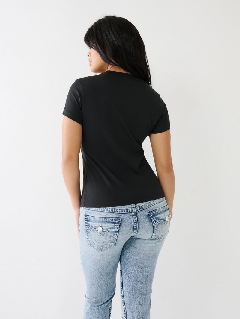 Black True Religion Sequin Arched Logo Slim T Shirts | 7561-SZAHG