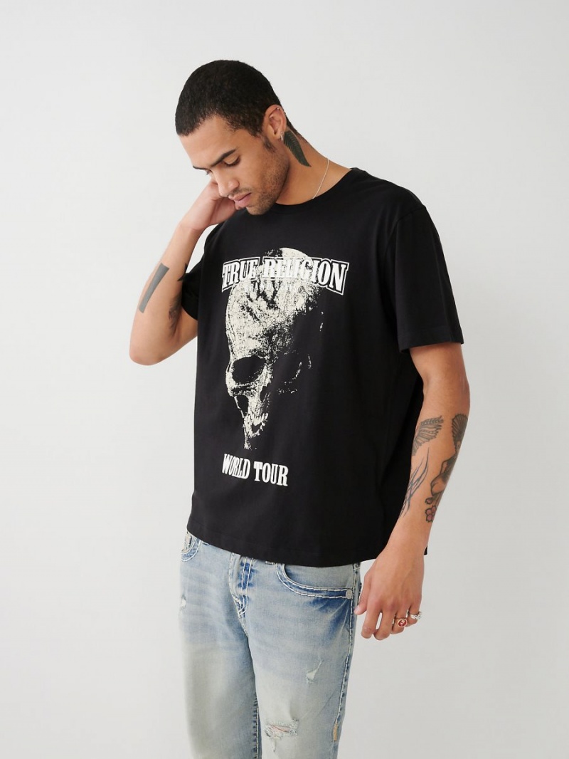 Black True Religion Skull World Tour Relaxed T Shirts | 2015-OIGBU