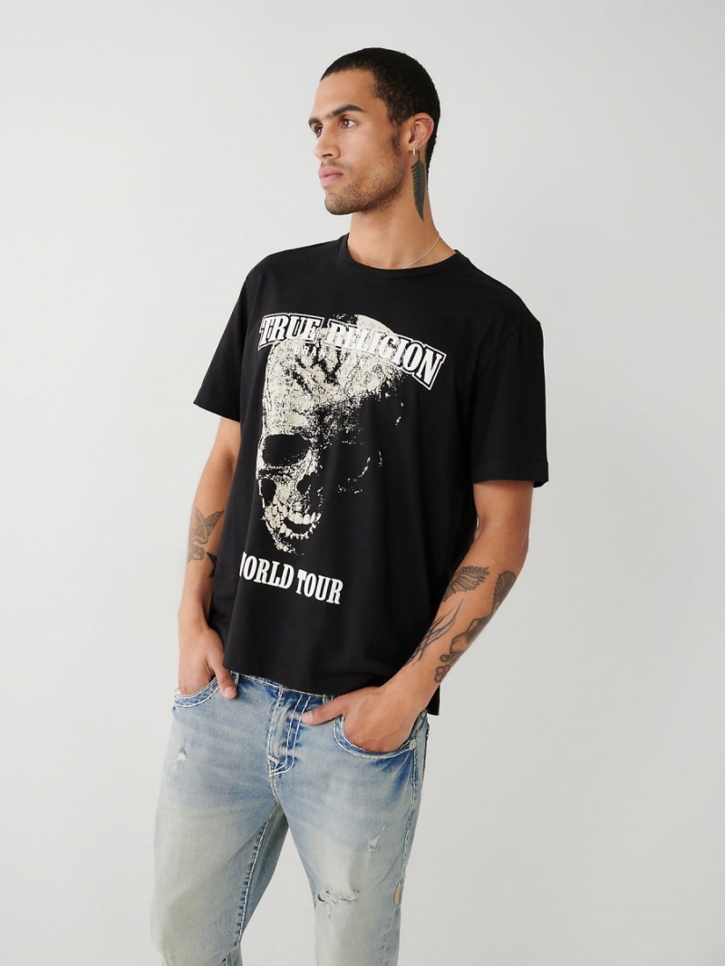 Black True Religion Skull World Tour Relaxed T Shirts | 2015-OIGBU