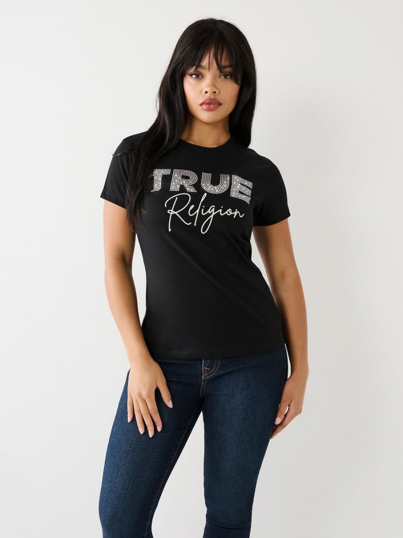 Black True Religion Studded Logo T Shirts | 2139-VHBPS