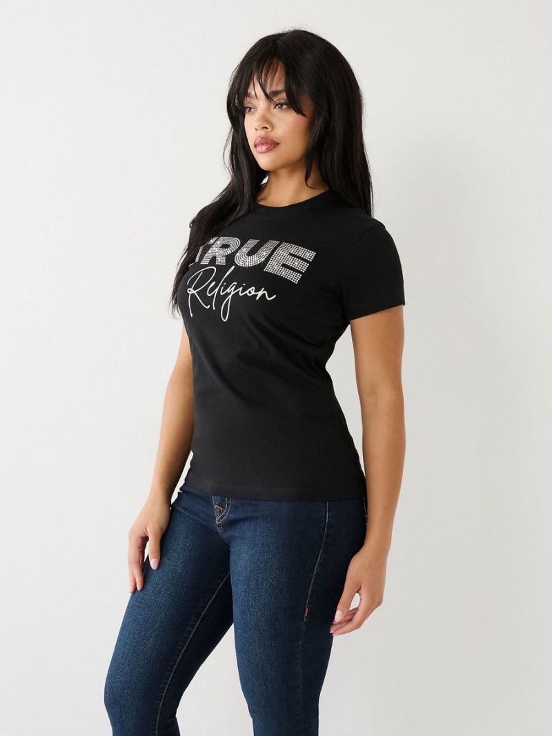 Black True Religion Studded Logo T Shirts | 2139-VHBPS