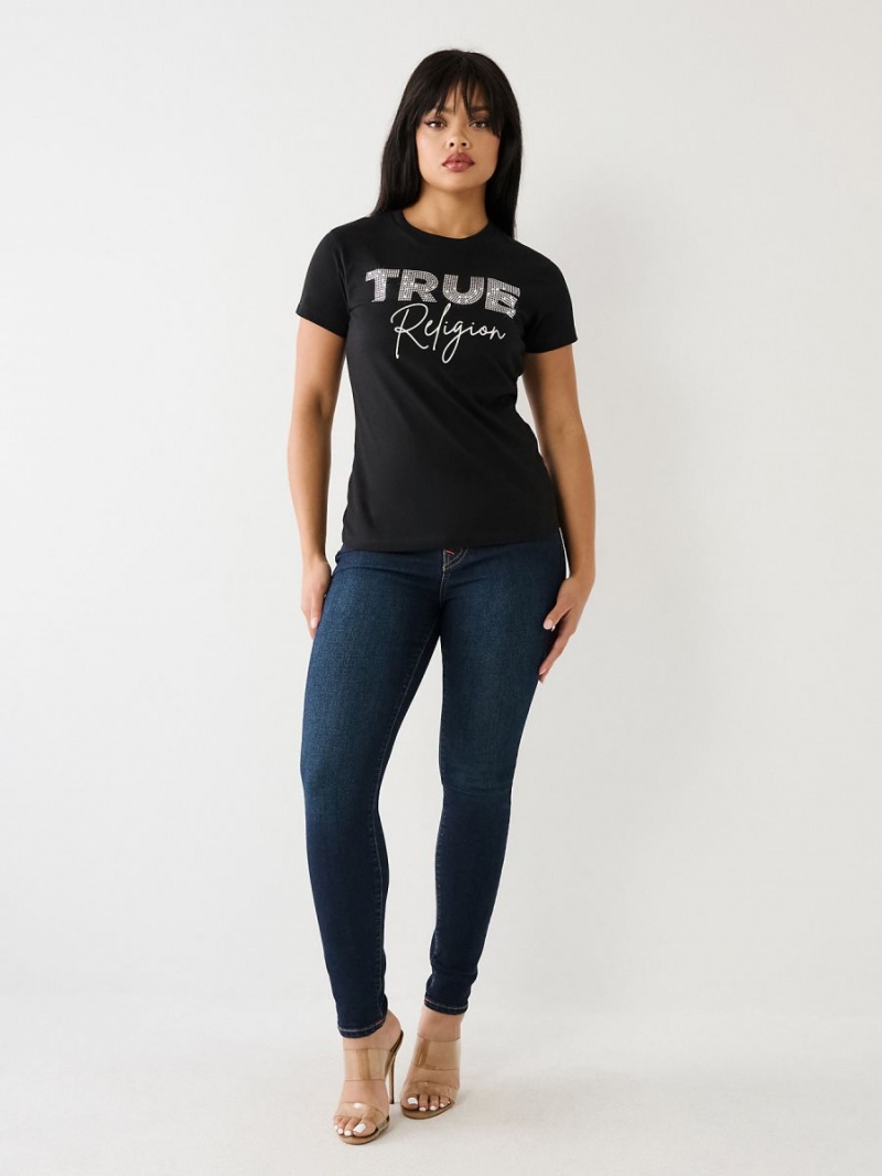 Black True Religion Studded Logo T Shirts | 2139-VHBPS