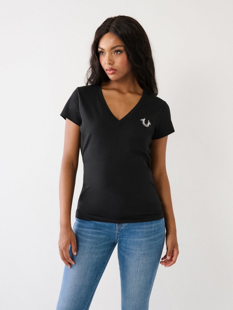 Black True Religion Studded Logo V T Shirts | 0631-EPILA