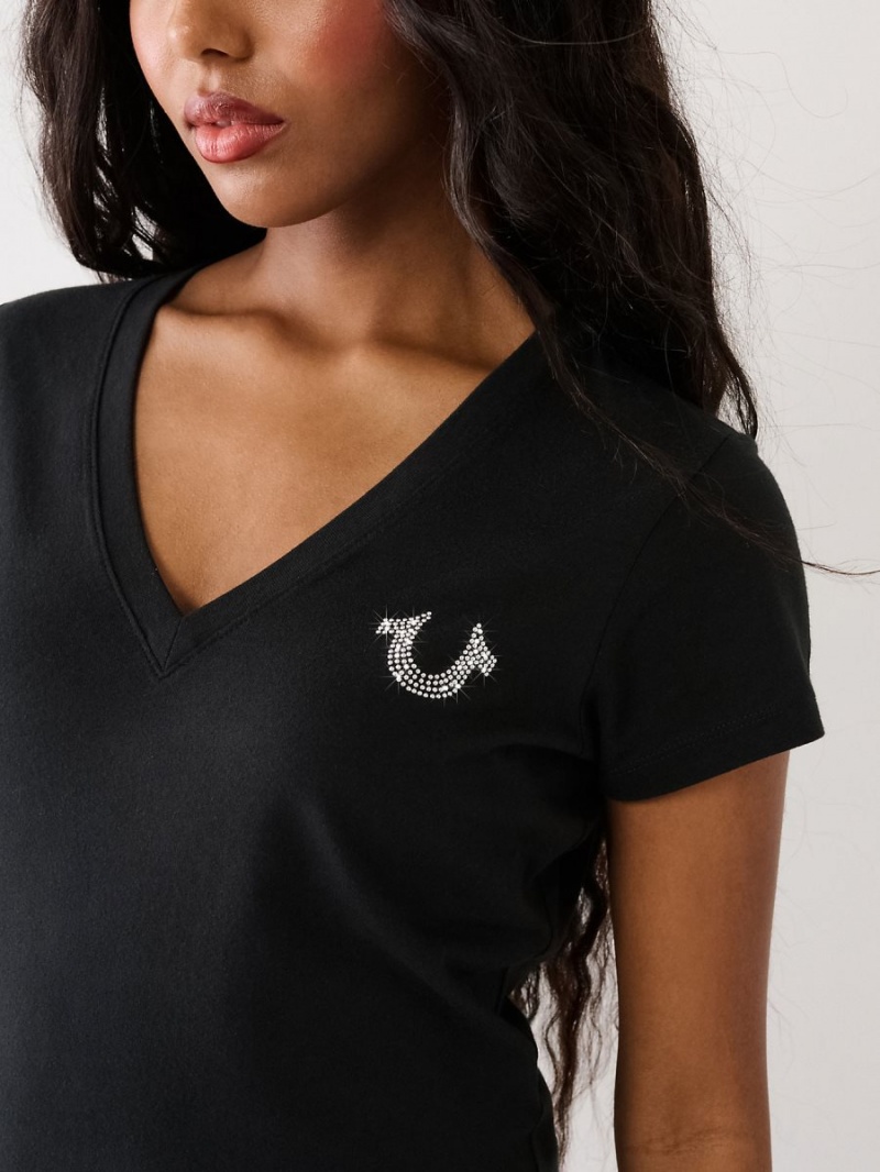 Black True Religion Studded Logo V T Shirts | 0631-EPILA