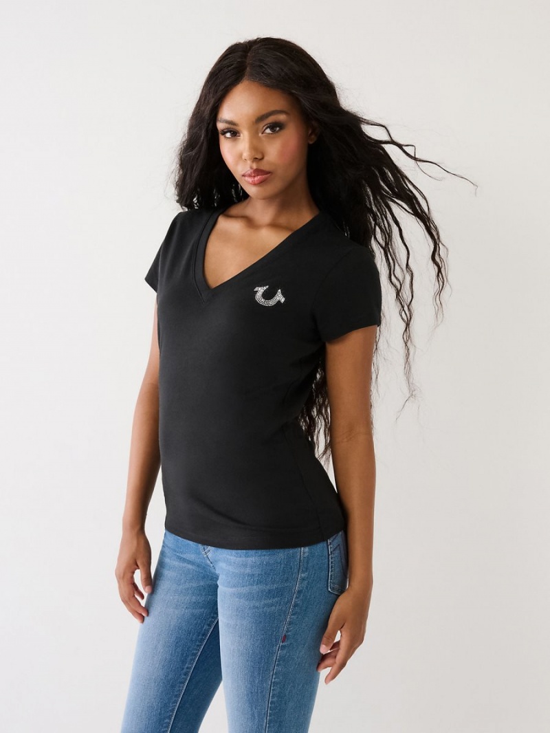 Black True Religion Studded Logo V T Shirts | 0631-EPILA