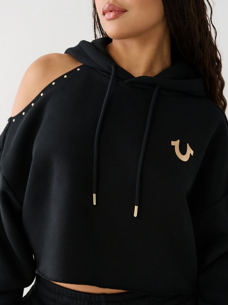 Black True Religion Studded Off Shoulder Crop Hoodie | 4172-XZWFP