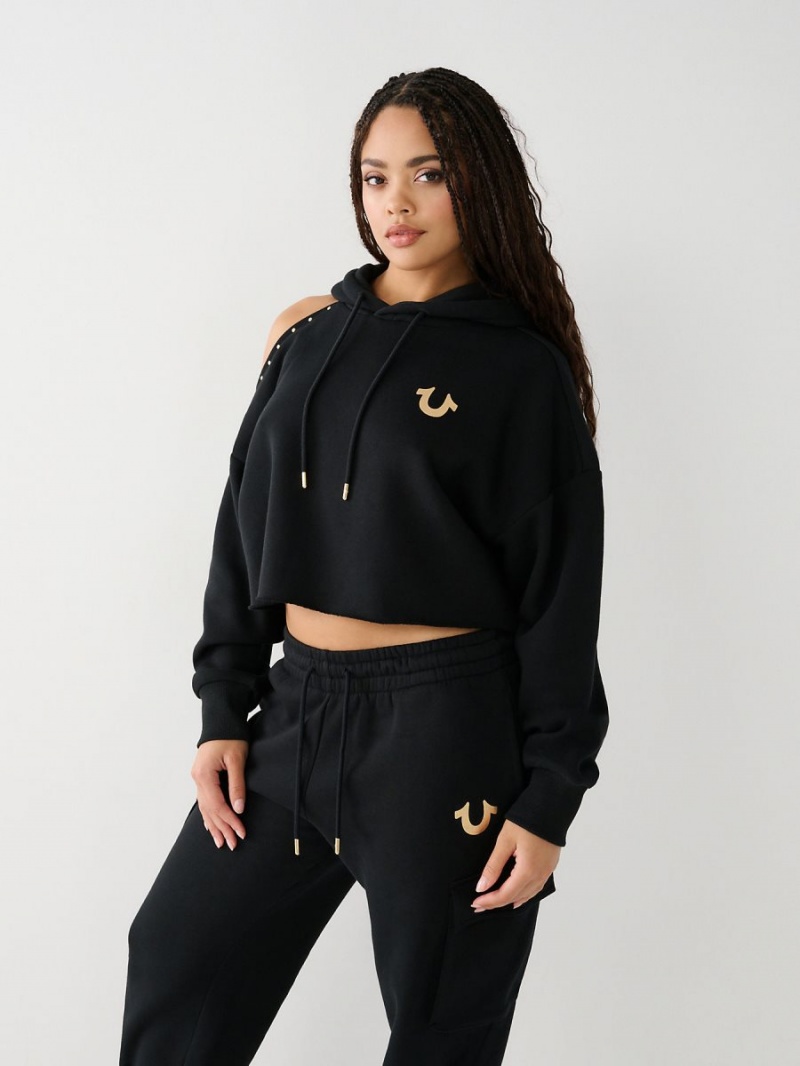 Black True Religion Studded Off Shoulder Crop Hoodie | 4172-XZWFP