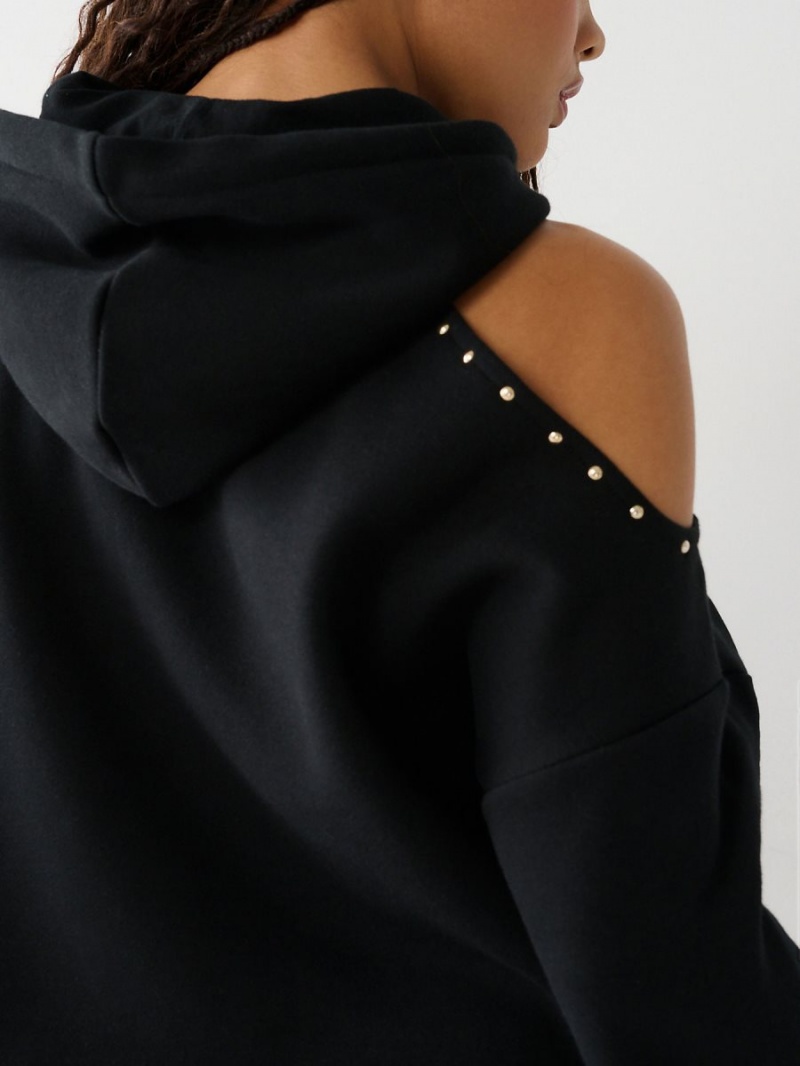 Black True Religion Studded Off Shoulder Crop Hoodie | 4172-XZWFP