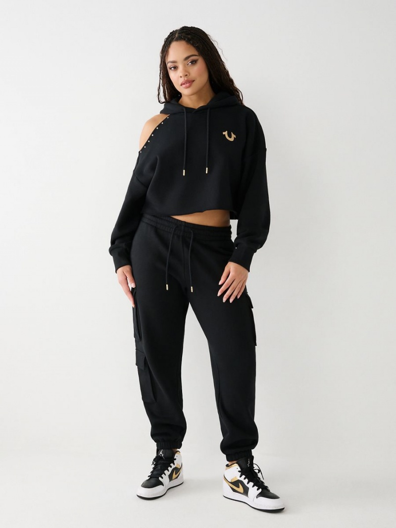 Black True Religion Studded Off Shoulder Crop Hoodie | 4172-XZWFP