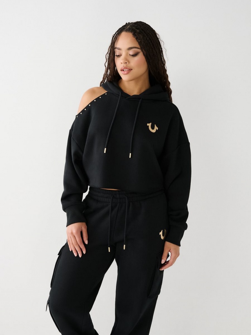 Black True Religion Studded Off Shoulder Crop Hoodie | 4172-XZWFP