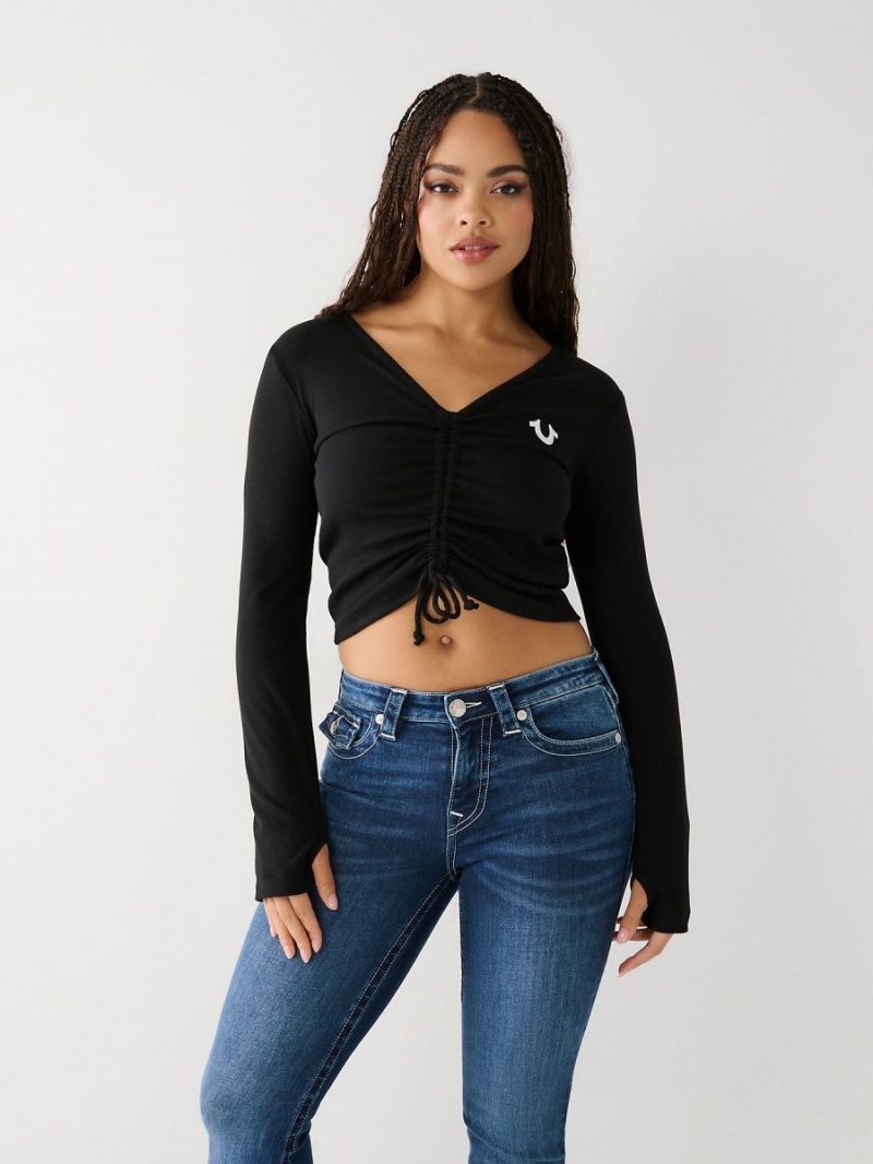 Black True Religion Tie Front Top | 0546-MDSZQ