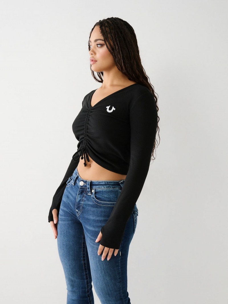 Black True Religion Tie Front Top | 0546-MDSZQ