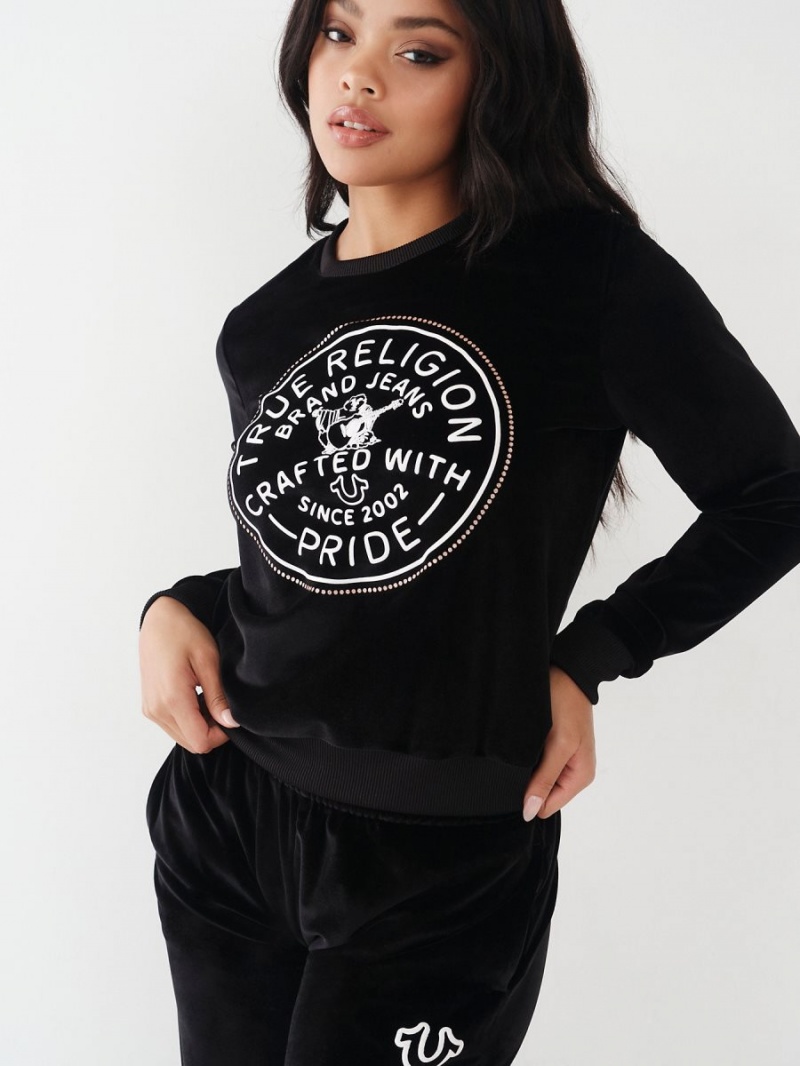 Black True Religion Velour Crystal Sweatshirt | 2370-ZICHD