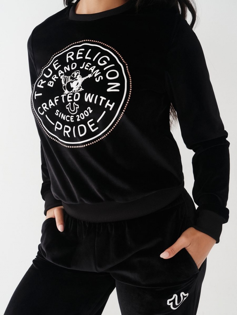 Black True Religion Velour Crystal Sweatshirt | 2370-ZICHD